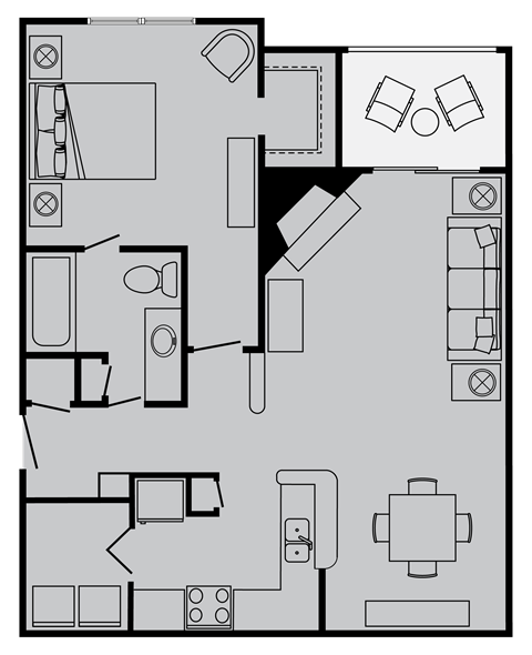 Floor plan for 1 bed, 1 bath, 795 sqft